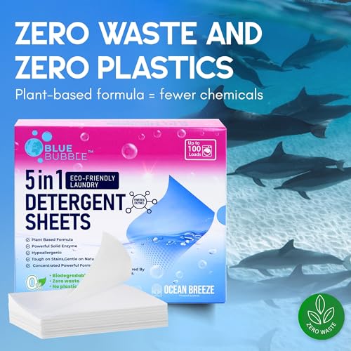 Image of BLUE BUBBLE Eco Friendly Laundry Detergent Sheets Ocean Breeze Scent - 5in1 Plant Based Laundry Soap Sheets for Sensitive Skin, Dissolvable Zero Waste Plastic Free Strip - up to 100 Loads