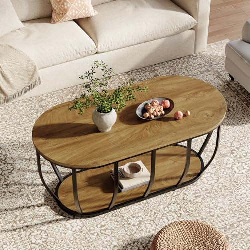 Image of Tribesigns Coffee Table with Storage, 120 cm Industrial Oval Living Room Table, Wooden Center Tea Table with Curved Metal Base for Living Room, Home Office, Easy Assembly, Rustic Brown