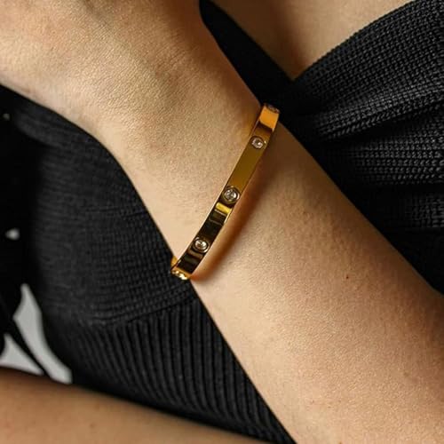 Image of Okos Gold Plated Fashion Jewellery Stainless Steel Anti Tarnish Cuff Band Style Bangle Bracelet with White CZ Stones For Girls and Women CO0025