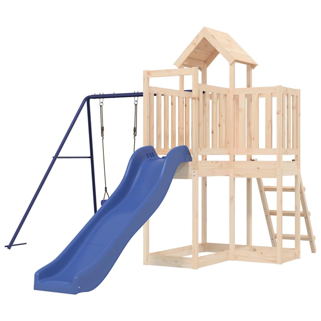 Wieża do zabawy z litego drewna sosnowego z huśtawką, zjeżdżalnią, piaskownicą i drabiną, 90 cm platforma do ogrodu, na podwórko i taras, zabawka ogrodowa dla dzieci w wieku od 3 do 8 lat