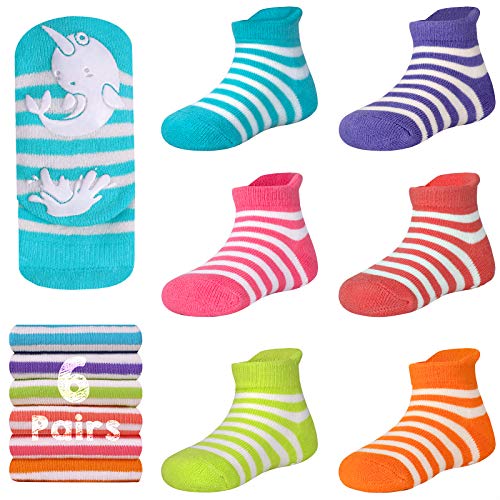 Baby Non Slip Grip Slipper Ankle Socks For Toddler Kids Child, Organic Cotton 6 Pairs, Anti Skid, 12-24, 24-36 Months, Purple Pink Green Blue Red