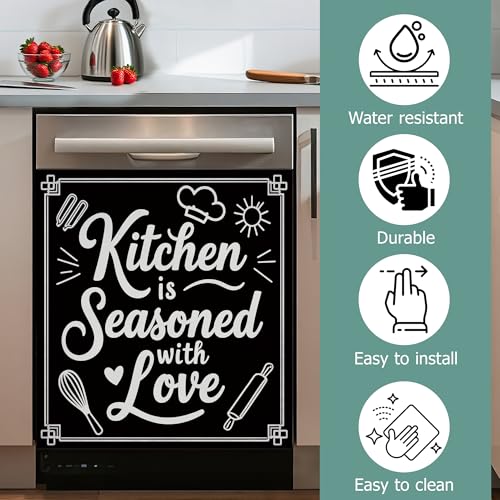 Image of Black Kitchen Utensils Dishwasher Covers for The Front Magnetic,Kitchen is Seasoned with Love Refrigerator Magnets Decoration,Reusable Dishwasher Cover Panel for Home Kitchen Decor 23x26 Inch
