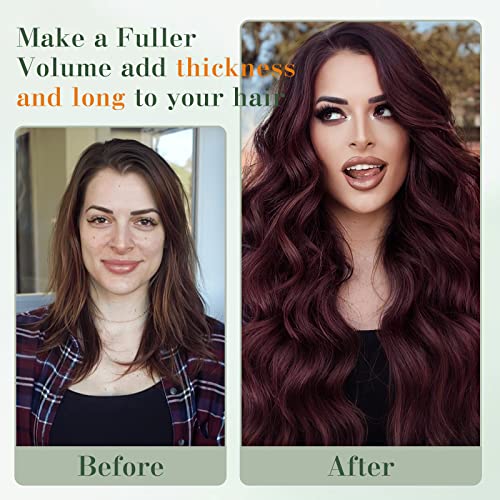 Image of Benehair Burgundy One Piece Clip in Hair Extensions Human Hair Wine Red Clip ins 10inch 3 /4 Full Head Remy Long Straight Natural Soft 5 Clips