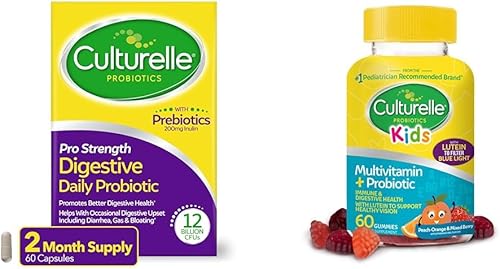 Culturelle Pro Strength - Cápsulas probióticas diarias para la salud digestiva, 60 unidades de gomitas probióticas para niños, melocotón, naranja y