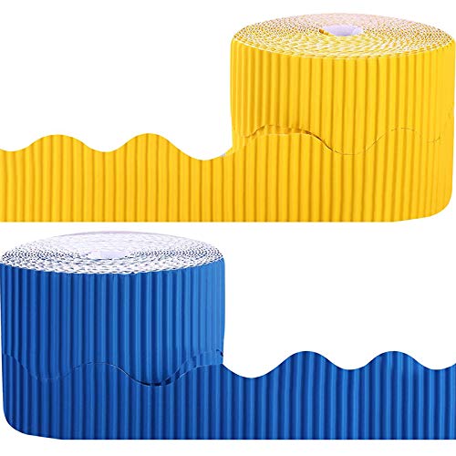 Olivine 2 Rollos Tablero de Anuncios Fronteras Papel Festivo de Fondo de DecoracióN Festoneado para Bordes Decorativos (Amarillo y Azul) Cover
