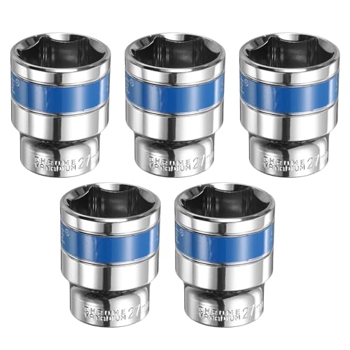 sourcing map 5pcs 1/2 Inch Drive 6-Point Socket 27mm CR-V Metric Shallow Socket Electric Wrench Socket for Mechanical Auto Repair, Silver Tone & Blue