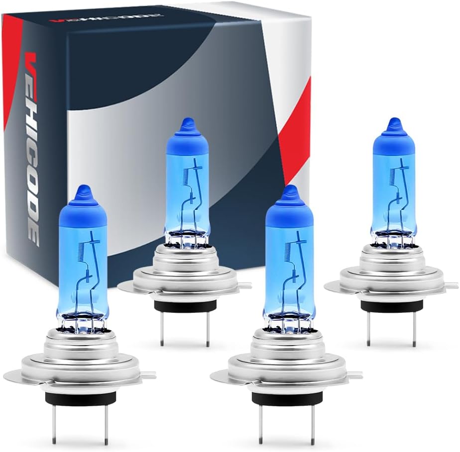 VEHICODE H7 Halogen Bulbs High and Low Beams 5500K-6000K Natural White 12V 55W Combo Kit Car Motorcycle Hi/Lo Projector Fog Light DRL Replacement (4 Pack)