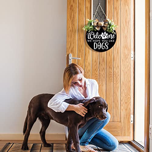 Welcome We Hope You Like Dogs Farmhouse Door Sign For Front Door Porch Decor With Eucalyptus Leaves & Buffalo Bow - Welcome Wreath Sign Hanging For Dogs Lovers Christmas Decoration Housewarming Gift #TOP3