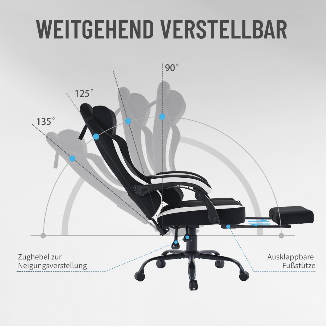 PixelPilot Silla de gaming con reposapiés, silla ergonómica para gaming, de tela transpirable, asiento ancho, soporte lumbar, soporta hasta 150 kg, color negro