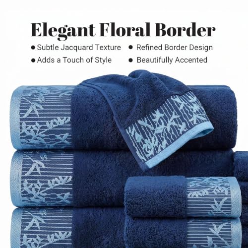 Superior Floral Jaquard Cotton Bathroom Towels, 3pc Towel Set, Navy Blue by SUPERIOR - Used condition - Image 4