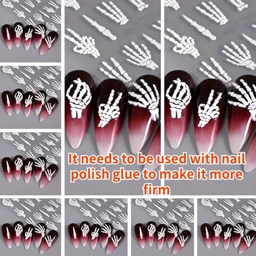 Halloween Skull Nail Art Stickers Skeleton Bones Nail Art Decals 3 Sheets 5D Embossed Finger Skull Nail Stickers Self-Adhesive Hand Bones Nail Sliders Halloween DIY Manicure Supplies for Women Girls - Image 5