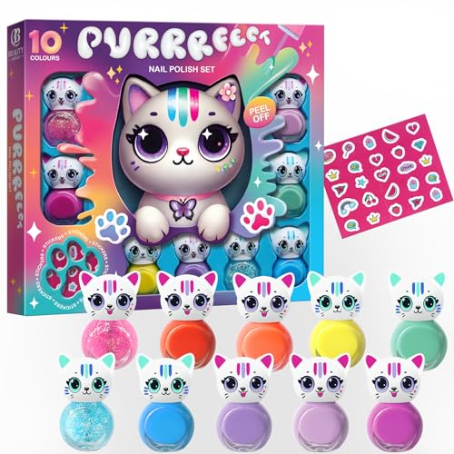 Juego de Esmaltes de Uñas a Base de Agua con Forma de Gato – Beauty4Britain, 10 Colores, Secado Rápido, Despegables, Pegatinas de Uñas de Gato Incluidas, Caja de Regalo Expositora
