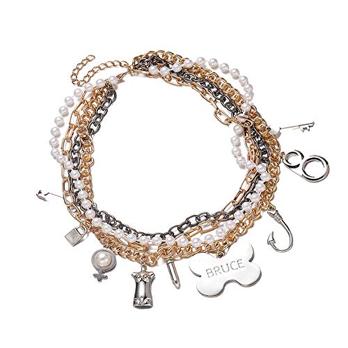 HANRESHE Cosplay Costume Accessories Gold Layered Chain Choker Multi Charm Pendant Pearl Chain Bruce Necklace for Women2