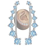 7 Crystals Ear Cuffs Hoop Climber S925 Sterling Silver Earrings Hypoallergenic Earring (Light Blue)