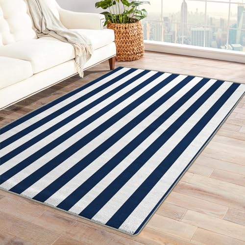 Navy Blue and White Striped Rug & Home Decor -
