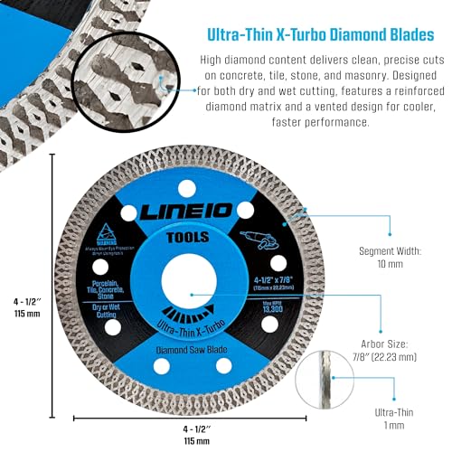 LINE10 Tools 3pk 4.5 Inch Diamond Saw Blades for Angle Grinder - Ultra Thin Tile Cutting Wheel Ceramic Blade - Professional Porcelain Tile Cutter Tool X-Turbo Rim for Granite Stone Masonry Wet Dry Cut by LINE10 Tools - Used condition - Image 3