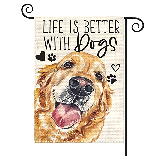 AVOIN colorlife Life is Better With Dogs Golden Retriever Garden Flag 12 x 18 Inch Double Sided Outside, Pet Farmhouse Yard Outdoor Decoration
