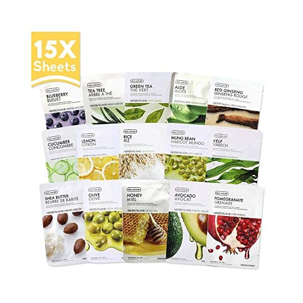 THE FACE SHOP Real Nature Face Mask 15 Pieces Variety Bundle | Naturally Derived,Mild Formula without Additives & High Adhesiveness | K Beauty Facial Sheet Skincare | Avocado,Aloe,Honey,Lemon,etc
