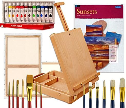 Artist Table Easel, Paints, Stretched Canvases, Brush Sets, Art Supplies for Acrylic Painting with Instruction Book