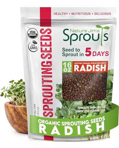 Nature Jims Organic Radish Sprout Seeds 16 Ounce Premium Non-GMO Radish Seeds for Sprouting Rich in Vitamins Minerals Fiber & Protein Microgreen & Sprout Seeds for Home Growing