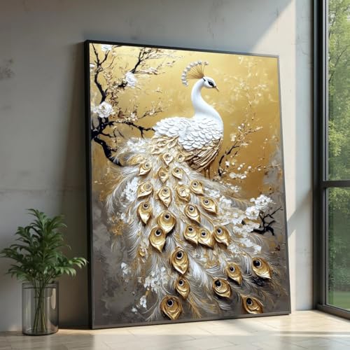 Tableau sur toile paon blanc grand format 50 x 70 cm pour décoration intérieure moderne