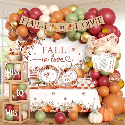 Boho Fall in Love Bridal Shower Decor All-in-1 Pumpkin Fall Wedding Decor with Balloon Arch Balloon Boxes Plates Napkins Cake Toppers Tablecloth Backdrop Banner for Miss to Mrs Engagement Party