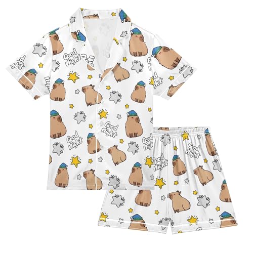 Funny Sleep Capybara Brown Prints Summer Satin Pajama Set, Cute Button-Down Sleepwear Pj Set for Sleep Wears