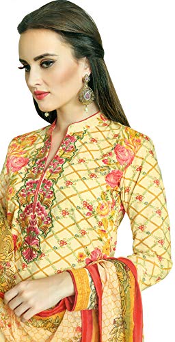 Traje salwar kameez amarillo con pantalón largo y dupatta floral descosido 2