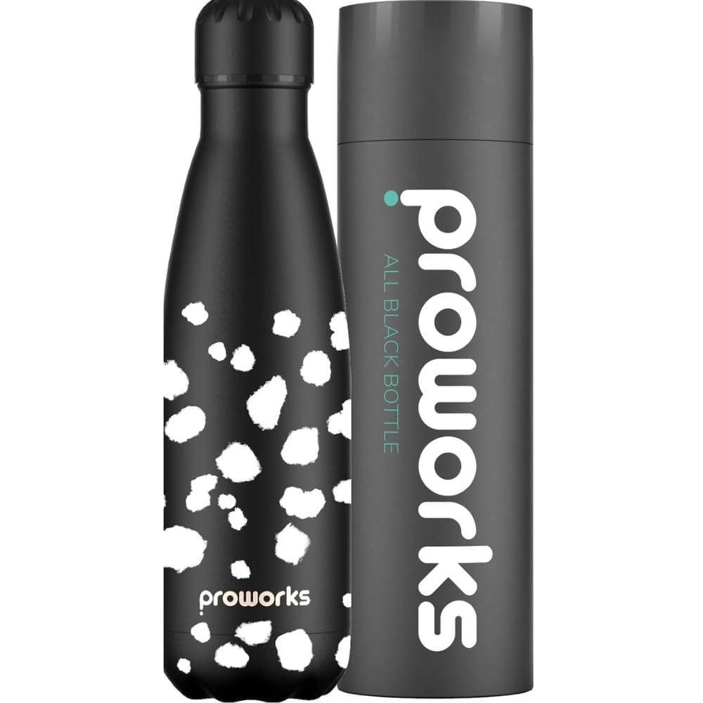 Proworks Dalmatian Water Bottle 500ml Stainless Steel Insulated Water Bottle | Leakproof Screw Lid | Double Wall Vacuum Flask Keeps Drinks Hot 12 Hours Cold 24 Hours | BPA Free | Black – Dalmatian