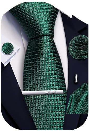 Image of Ailisus Men’s Emerald Green Ties and Pocket Square Set, Plaid Silk Necktie & Handkerchief Lapel Pin Cufflinks Tie Clip for Men Formal Wedding Party