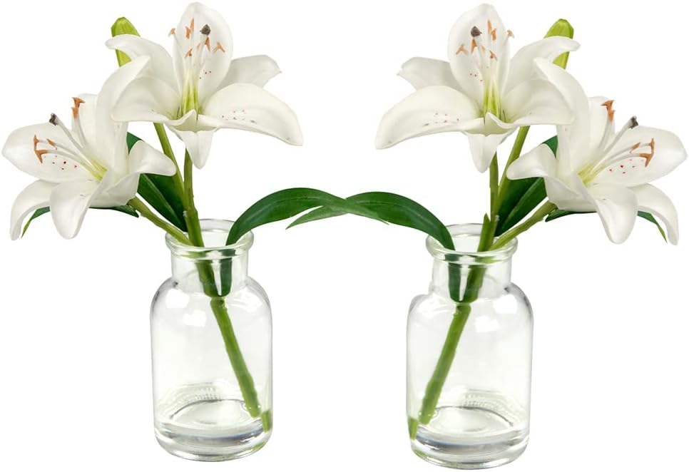 Serene Spaces Living Set of 2 Faux White Lilies in Glass Bottle Vase, Console Table Décor, Table Centerpiece Decor for Office, Living Room, Dining Room, Bathroom, Wedding, 2.5" Diameter & 10" Tall