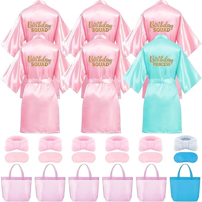 Malloom Set di 6 accappatoi per ragazze, 6 accappatoi, 6 borse, 6 maschere per gli occhi, 6 fasce per capelli, accappatoi per feste di compleanno, forniture per pigiama party, per matrimoni, fiori