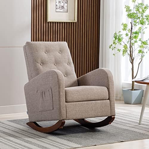 Rocking Chair Modern,Upholstered Glider Rocker Chair for Nursery,Comfy Armchair with Side Pocket for Living Room (Camel)