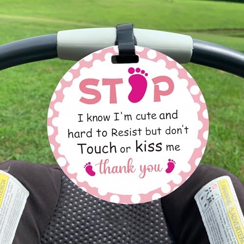 Image of 2 Pack Foot Print Do Not Touch Signs Stroller Tag Cute No Touching or Kissing Car Seat Signs Stop Touching Safety Sign Carseat Tags for Carriage Stroller Backpacks Pregnancy Gift