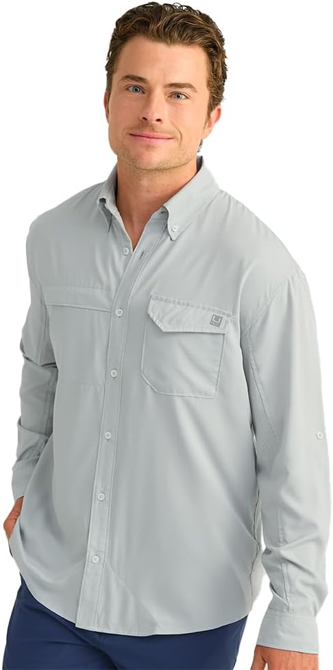 HUK Mens Tide Point Solid Long Sleeve Shirt, Button Down for Men, Fog Green, 3X-Large