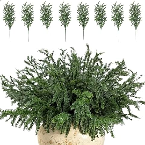 Geegoods 24 Pcs Christmas Norfolk Pine Branches, Artificial Pine Christmas Stems Real Touch Faux Greenery Pine Picks for Vase DIY Garland Wreath Home Indoor Outdoor Decoration Cover