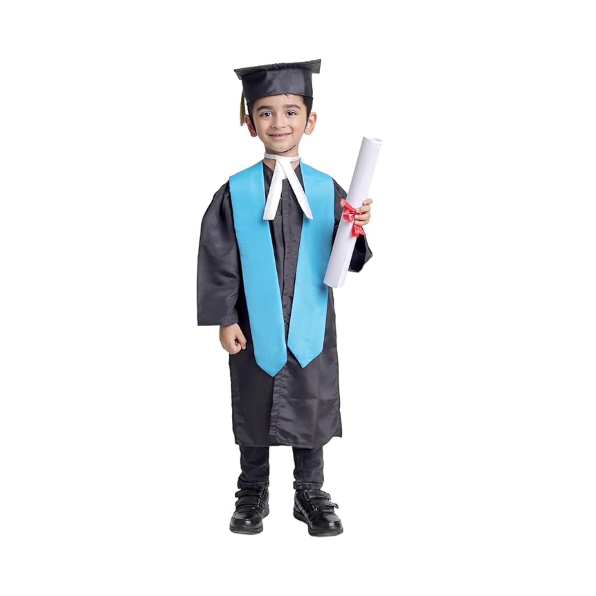 ITSMYCOSTUME Graduation Gown Set with Cap and Sash, Convocation Dress for Boys and Girls, School Ceremony, Fancy Dress(5-6Y,Black,Firozi Sash)