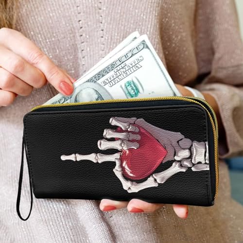 Skeleton Hand Women Zip Around Organizer Wallet, Hands Holding Heart Print Long Zipper PU Clutch Black Long Purse Wallet for Credit Card3