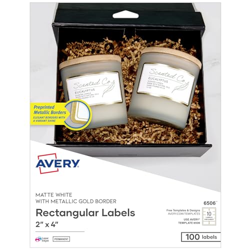 Avery Printable Rectangle Labels 2 x 4 Blank Labels Shipping Matte White Metallic Gold Border Permanent Adhesive Laser/Inkjet Printable 100 Total (6506)