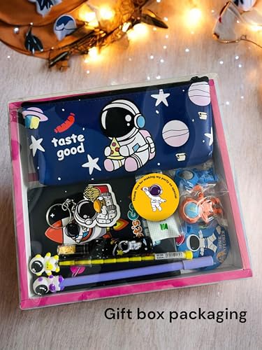 Image of Le Delite Kids Space Astronaut Planet Theme Stationery Set-7-Piece Combo with Diary,Pouch,Eraser,Pen,Pencil,Keychain & Badge for Boys & Girls,Perfect Return Gift(Dark Blue with Box Packing),100 Pages