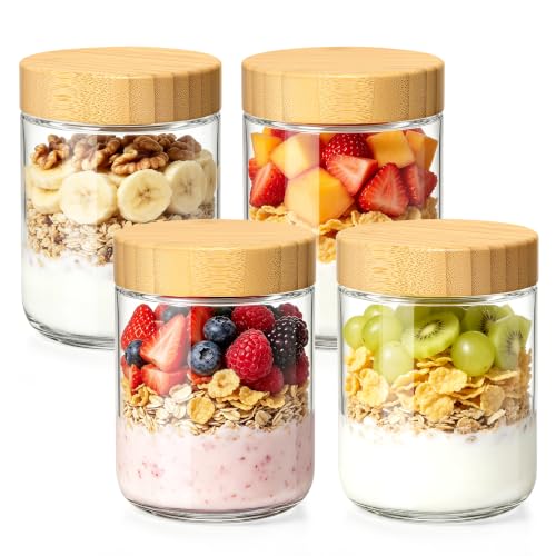 LIMILI Overnight Oats Jar, Glass Overnight Oats Containers with Wooden Lids