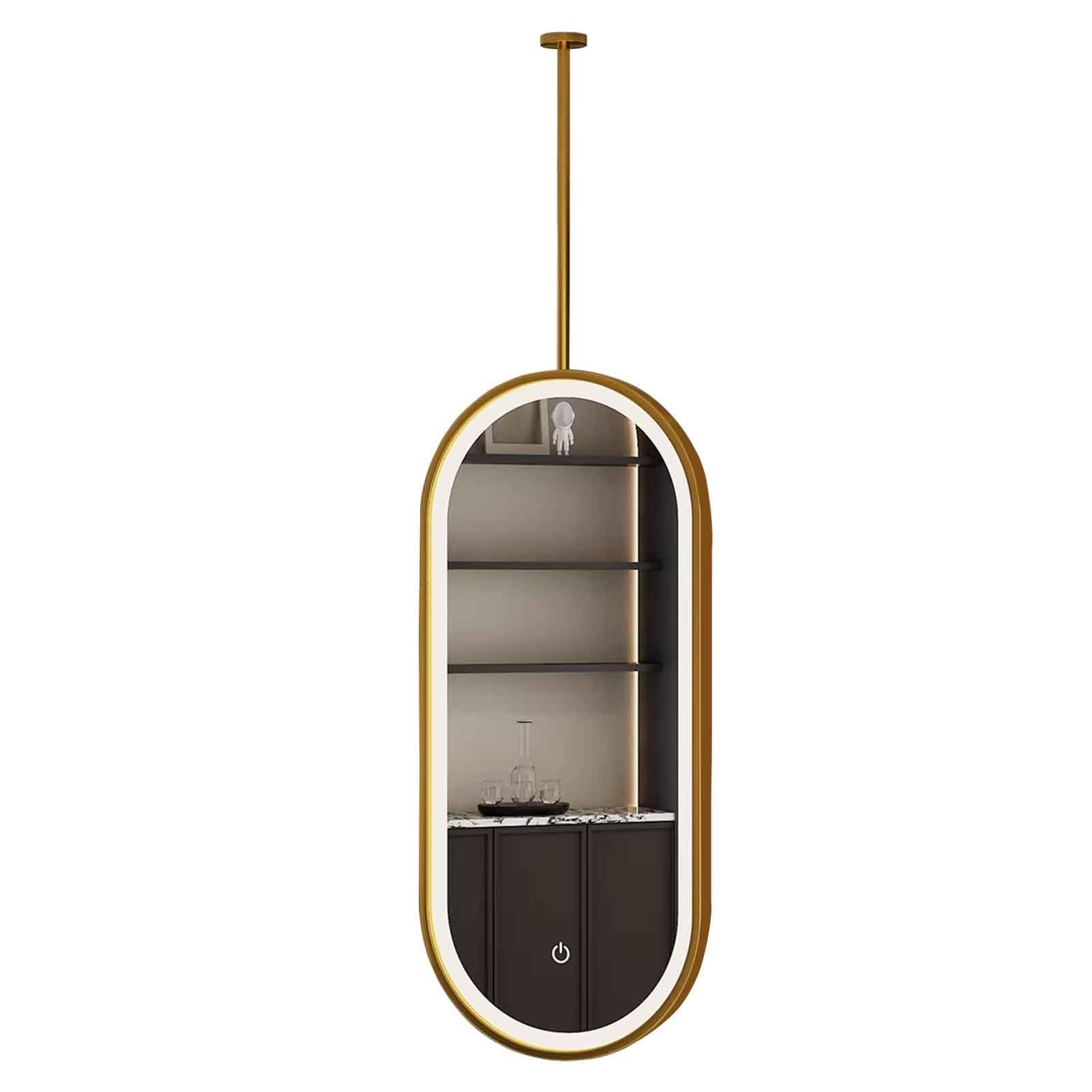 FGXHHS LED Oval Makeup Mirror Gold Metal Pole Suspended Hanging Mirror, Ceiling Mounted Bathroom Shaving Vanity HD Decor Mirror(40cmx70cm)