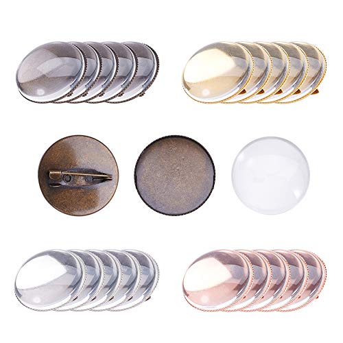 PH PandaHall 20 Sets Brooch Pins Trays Blank Cabochon Safety Brooch Base Settings, 20pcs 5 Color Round Brooch Tray with 20pcs Glass Cabochon Dome for DIY Jewelry Making