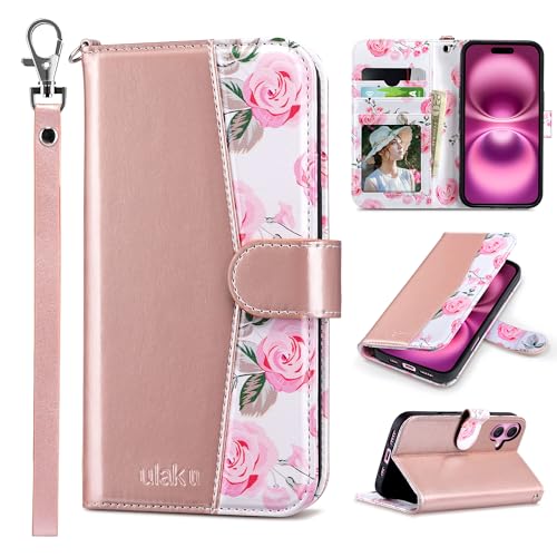 ULAK Compatible with iPhone 16 Wallet Case [RFID Blocking], Women PU Leather Shockproof Protective Folio Flip Cover with Card Holder Kickstand for iPhone16 6.1 inch, Rose Gold