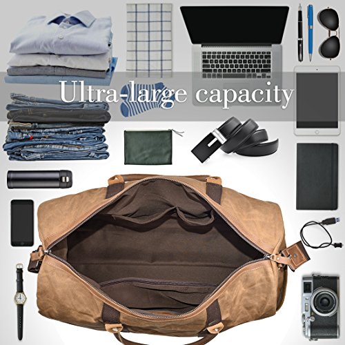 Travel Duffel Bag Waterproof Canvas Overnight Bag Leather Weekend Oversized Carryon Handbag Brown