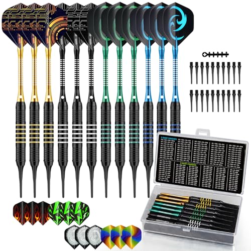 HUANQU 12Pcs Soft Tip Darts Set 18 Gram Plastic Tip Dart for Electronic Dartboards with 4 Colour Aluminum Shafts 8 Style Flights Replacement Tips Ideal for Beginners & Pros Home/Bar/Competition