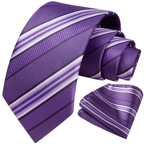 Image of HISDERN Mens Striped Ties Classic Silk Woven Tie and Pocket Square Set Formal Business Necktie Handkerchief for Wedding