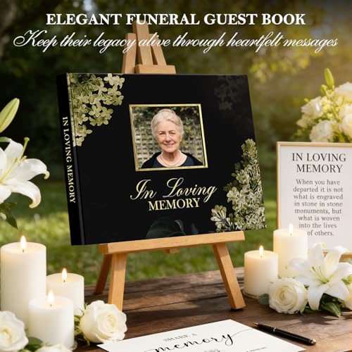 Image of Lanpn Funeral Guest Book for Memorial Service, 100 Pages Celebration of Life Sign in Books for Guests, Funeral Favors Registry Book with Memory Table Sign, Black, Leather Cover