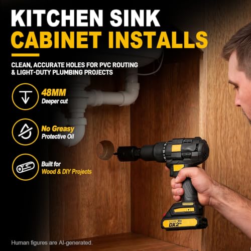 Image of KATA 8PCS Deep Cut Hole Saw Kit 1 inch - 2-1 /8 inch for Wood, PVC, Drywall, Plywood | Upgraded 48mm Cutting Depth Hole Saw Set for Thicker Wood, Cabinet Panels and Plastic, Includes 5 Sizes, Accessories and Case