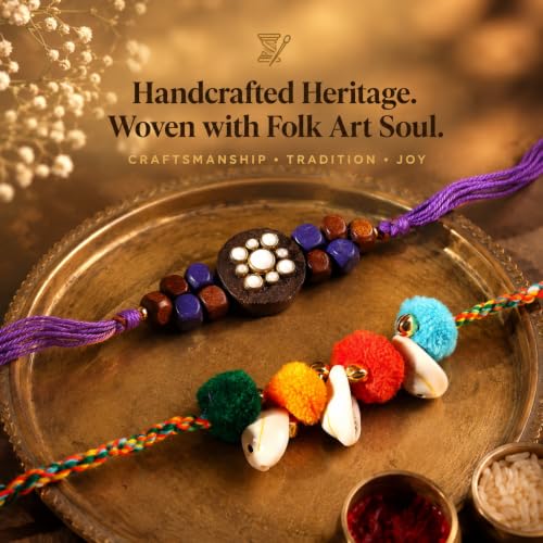 Image of Phool Dastkaar Wood & Kaudi Rakhi Set of 2 for Brother | Handcrafted Designer Combo | Traditional Wooden & Cowrie Shell | Raksha Bandhan Rakhi for Bhai